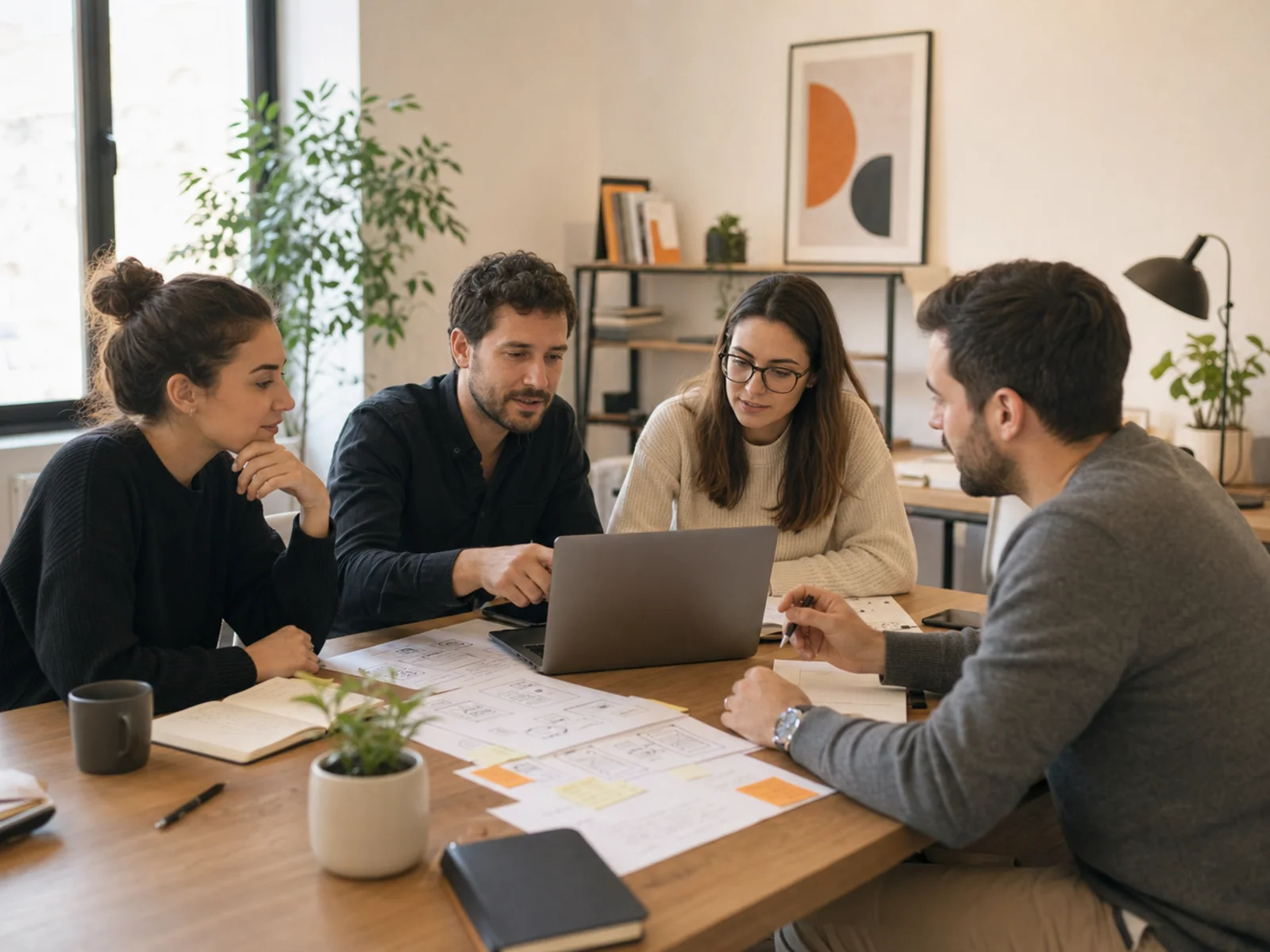 Equipa e cliente a planear um projeto digital à volta de um computador