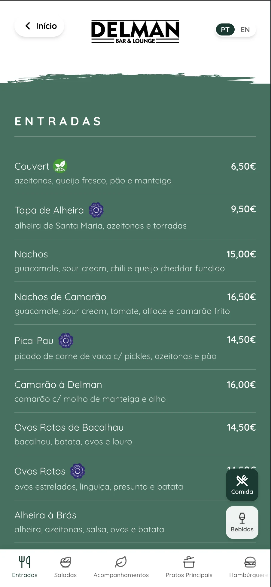 Ecrã mobile do menu digital do Delman