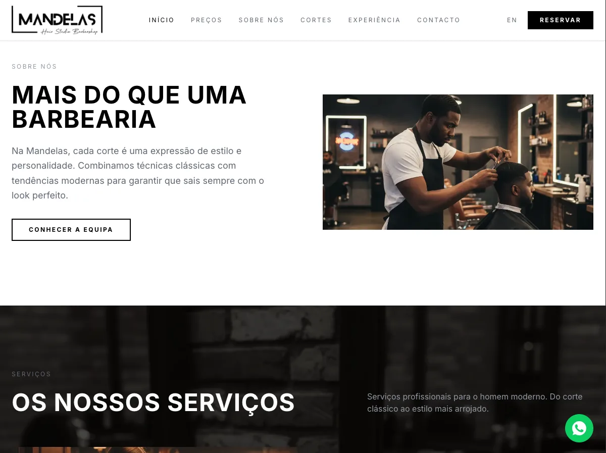 Mandelas website presenting the barbershop, services, pricing, and haircut portfolio