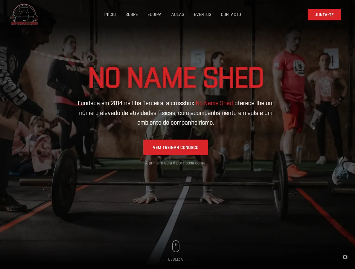 No Name Shed website presenting the CrossFit box, class types, team, and events